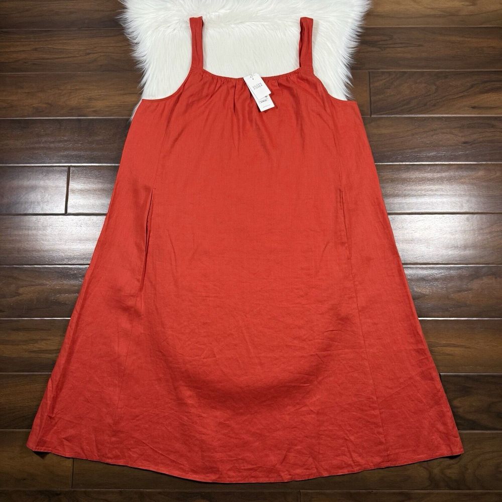 Eileen Fisher Women's Size‎ Large Flame Orange Organic Linen Cami Midi Dress